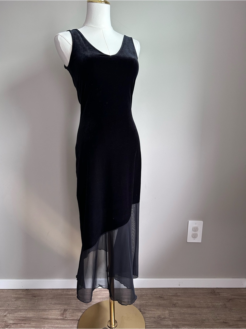 Black velour fitted Sleeveless V-neck Dress sheer hem whimsy goth dark academia